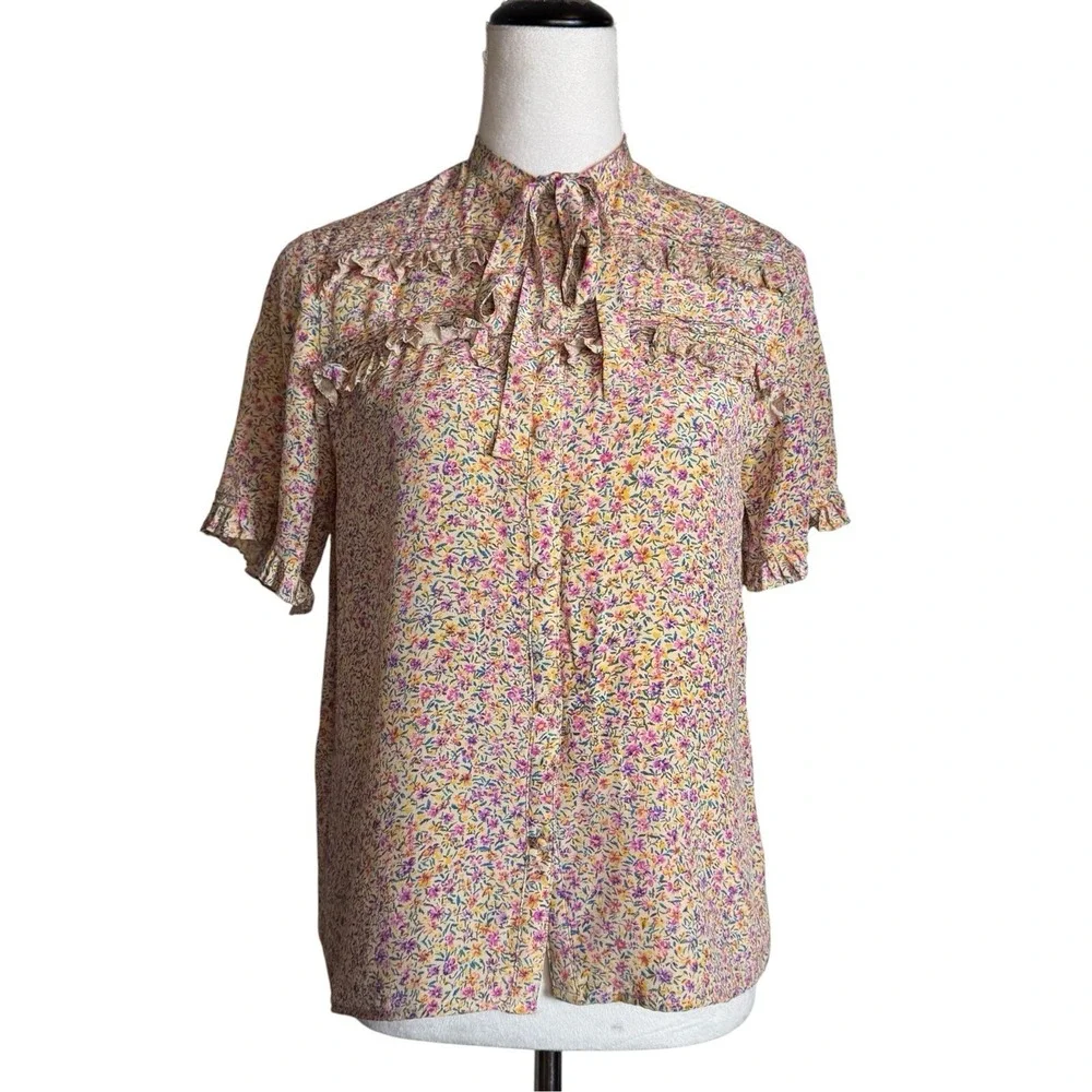 Vintage Silk Floral Blouse Cottagecore Prairie Neck Tie Ruffle Short Sleeve 8